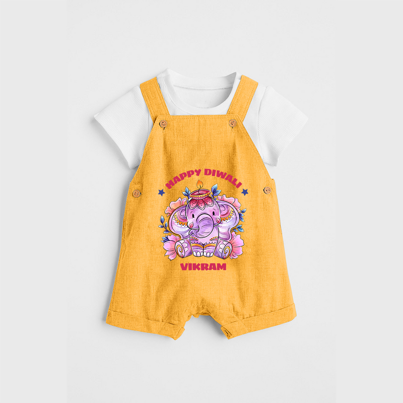 Happy Diwali With Cute little Elephant - Customized Kids Dungaree Set - PASTEL YELLOW - 0 - 5 Months Old (Chest 18")