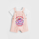 Happy Diwali With Cute little Elephant - Customized Kids Dungaree Set - PEACH - 0 - 5 Months Old (Chest 18")