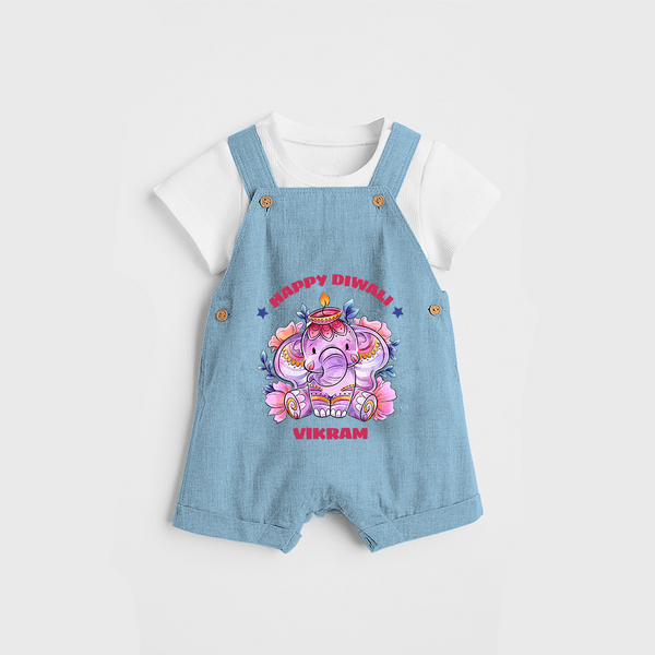 Happy Diwali With Cute little Elephant - Customized Kids Dungaree Set - SKY BLUE - 0 - 5 Months Old (Chest 18")