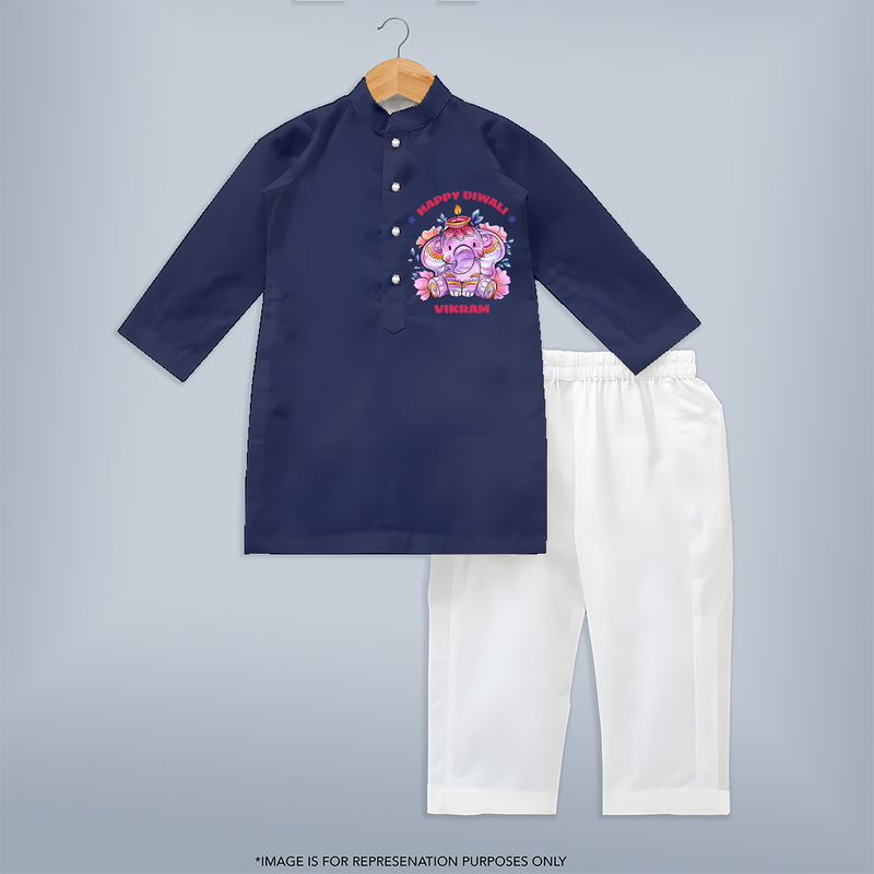 Happy Diwali With Cute little Elephant - Customized Kids Kurta Set - NAVY BLUE - 3-6 Month Old (Chest 24", Kurta Length 14'', Waist 19", Pant Length 14")