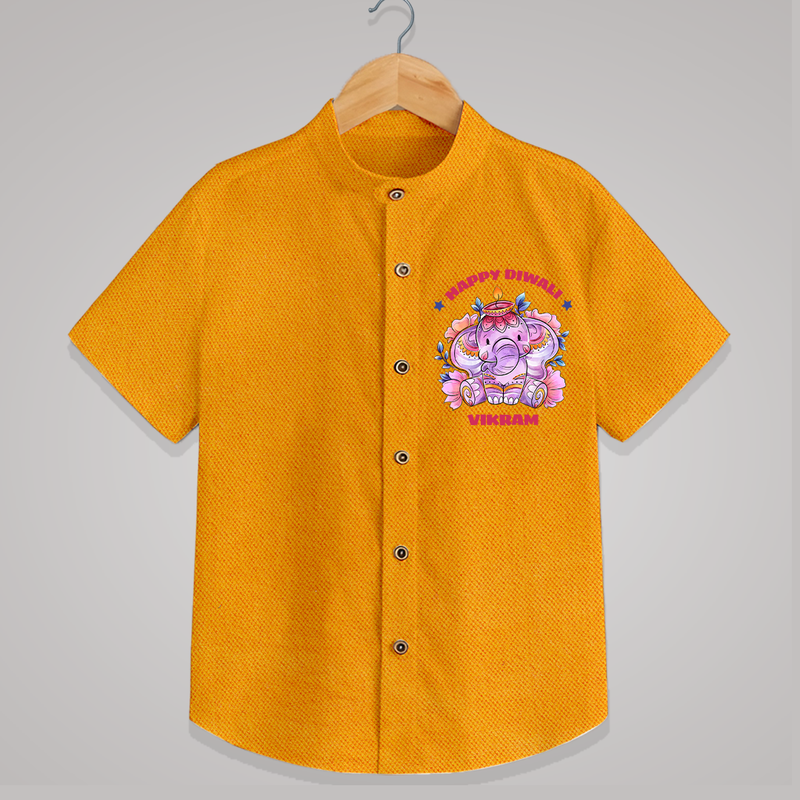 Happy Diwali With Cute little Elephant - Customized Kids Shirt - CHROME YELLOW - 0 - 6 Months Old (Chest 23")