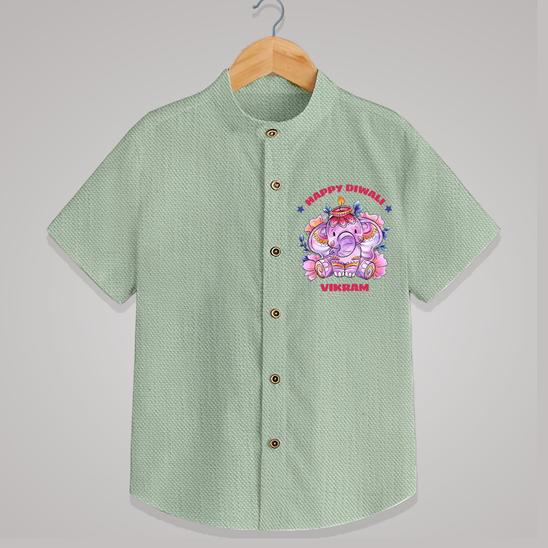 Happy Diwali With Cute little Elephant - Customized Kids Shirt - MINT GREEN - 0 - 6 Months Old (Chest 23")