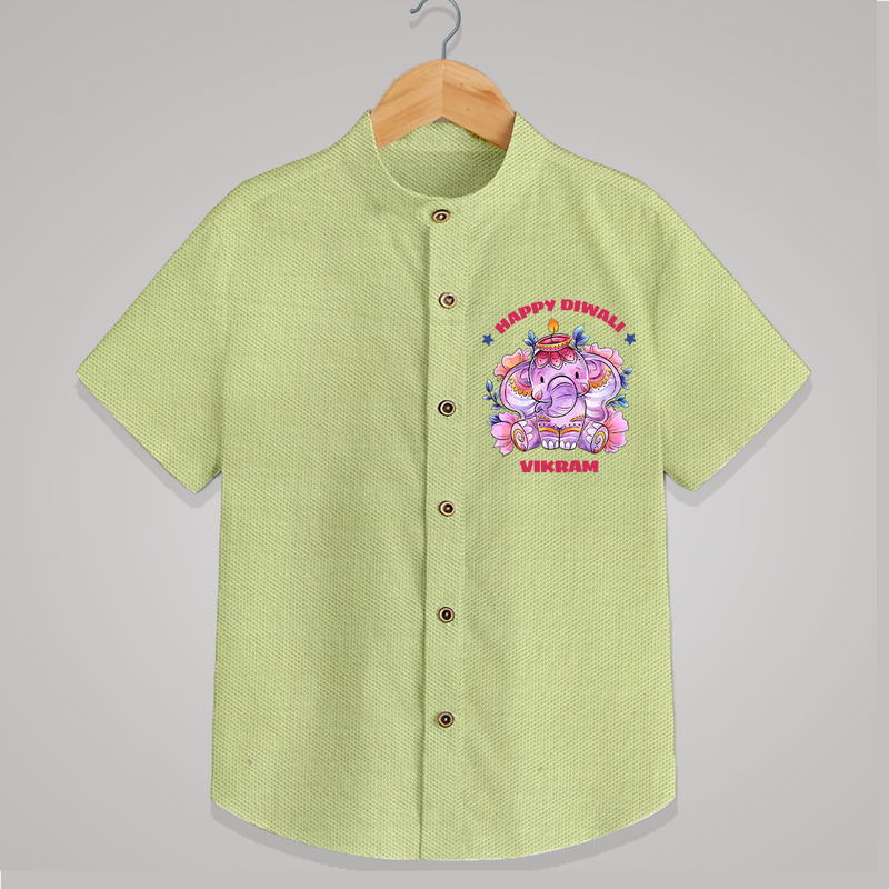 Happy Diwali With Cute little Elephant - Customized Kids Shirt - PASTEL GREEN - 0 - 6 Months Old (Chest 23")