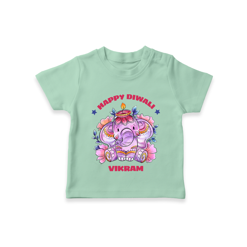 Happy Diwali With Cute little Elephant - Customized Kids T-Shirt - MINT GREEN - 0-5 Months Old (Chest 17")