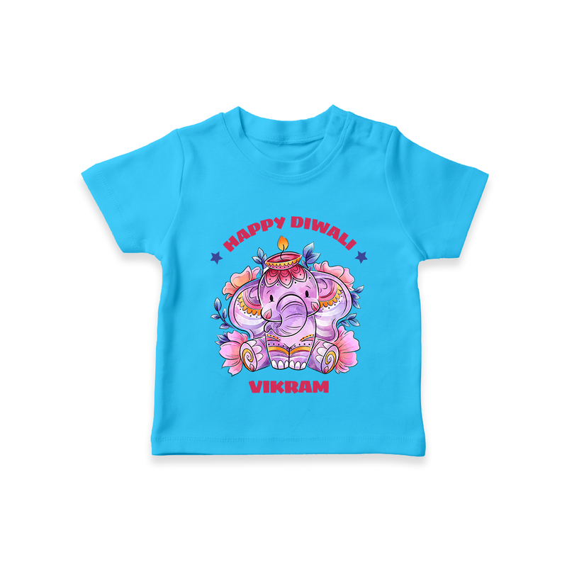 Happy Diwali With Cute little Elephant - Customized Kids T-Shirt - SKY BLUE - 0-5 Months Old (Chest 17")