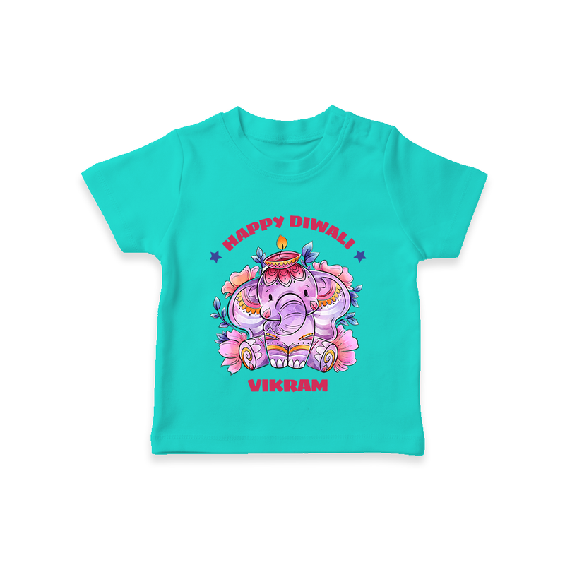 Happy Diwali With Cute little Elephant - Customized Kids T-Shirt - TEAL - 0-5 Months Old (Chest 17")