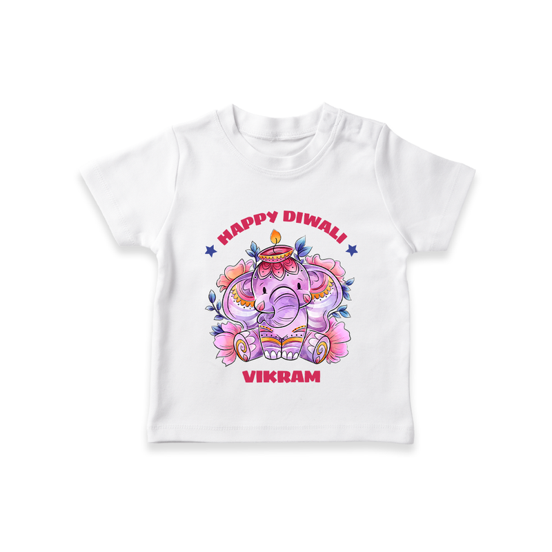 Happy Diwali With Cute little Elephant - Customized Kids T-Shirt - WHITE - 0-5 Months Old (Chest 17")