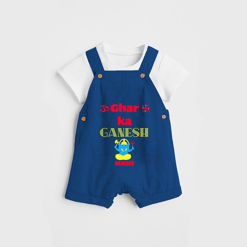 Ghar Ka Ganesh - Diwali Themed Customized Kids Dungaree Set - COBALT BLUE - 0 - 5 Months Old (Chest 18")