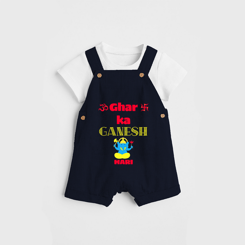 Ghar Ka Ganesh - Diwali Themed Customized Kids Dungaree Set - NAVY BLUE - 0 - 5 Months Old (Chest 18")