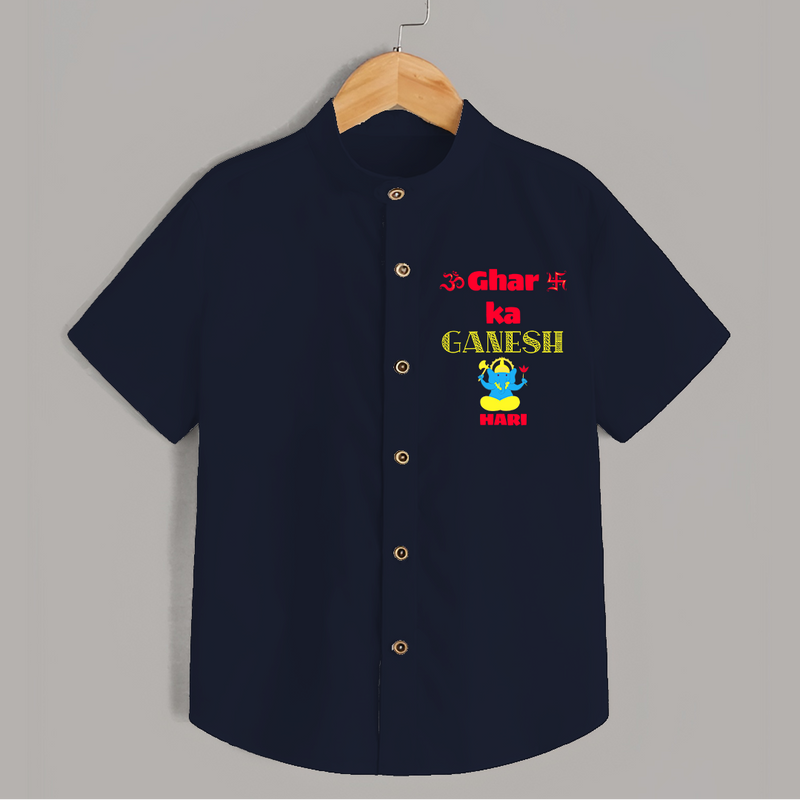 Ghar Ka Ganesh - Diwali Themed Customized Kids Shirt - NAVY BLUE - 0 - 6 Months Old (Chest 23")