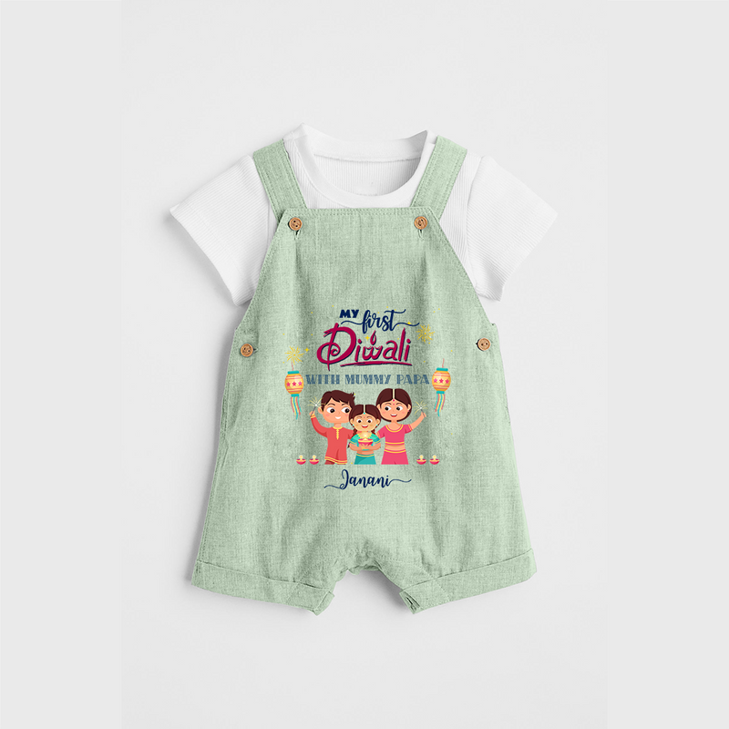 My First Diwali With Mummy Papa - Diwali Themed Customized Kids Dungaree Set - MINT GREEN - 0 - 5 Months Old (Chest 18")