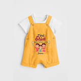 My First Diwali With Mummy Papa - Diwali Themed Customized Kids Dungaree Set - PASTEL YELLOW - 0 - 5 Months Old (Chest 18")