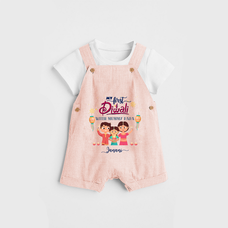 My First Diwali With Mummy Papa - Diwali Themed Customized Kids Dungaree Set - PEACH - 0 - 5 Months Old (Chest 18")