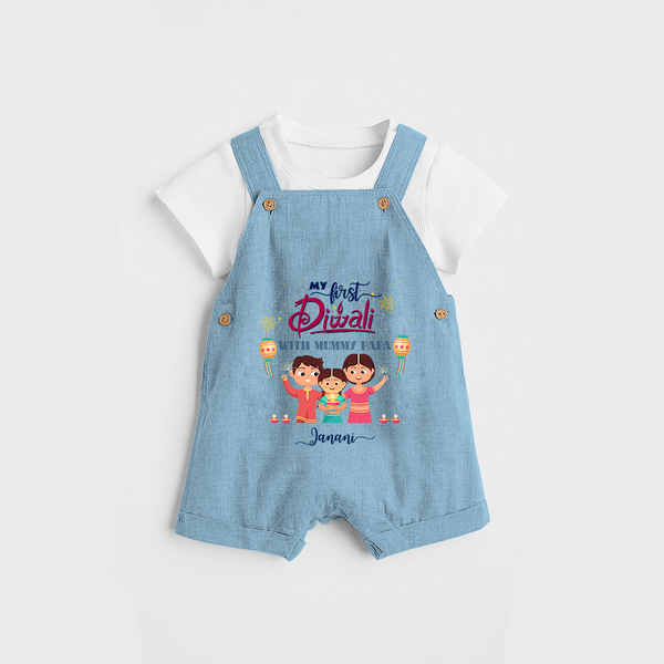 My First Diwali With Mummy Papa - Diwali Themed Customized Kids Dungaree Set - SKY BLUE - 0 - 5 Months Old (Chest 18")