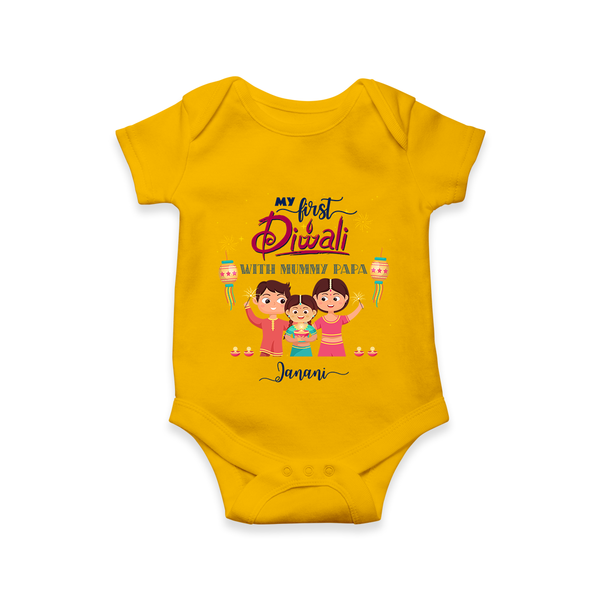 My First Diwali With Mummy Papa - Diwali Themed Customized Kids Romper - CHROME YELLOW - 0 - 3 Months Old (Chest 16")