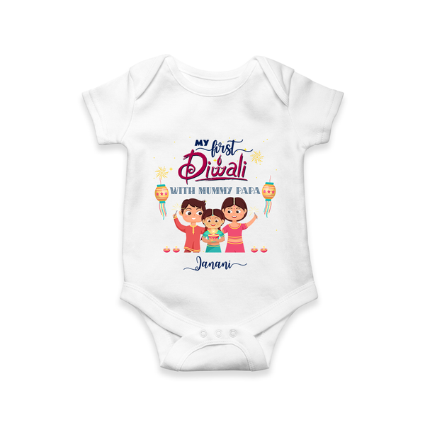 My First Diwali With Mummy Papa - Diwali Themed Customized Kids Romper - WHITE - 0 - 3 Months Old (Chest 16")