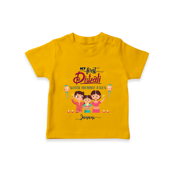 My First Diwali With Mummy Papa - Diwali Themed Customized Kids T-Shirt - CHROME YELLOW - 0-5 Months Old (Chest 17")