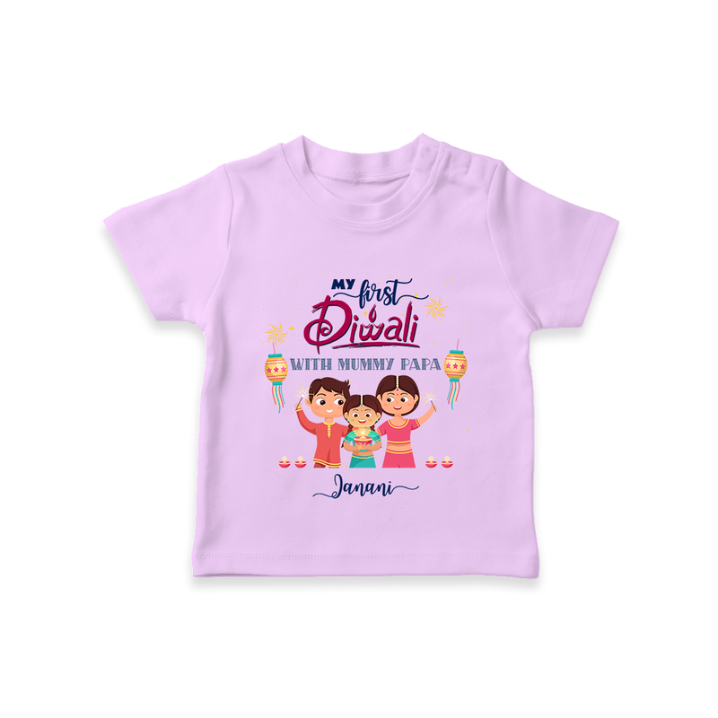 My First Diwali With Mummy Papa - Diwali Themed Customized Kids T-Shirt - LILAC - 0-5 Months Old (Chest 17")