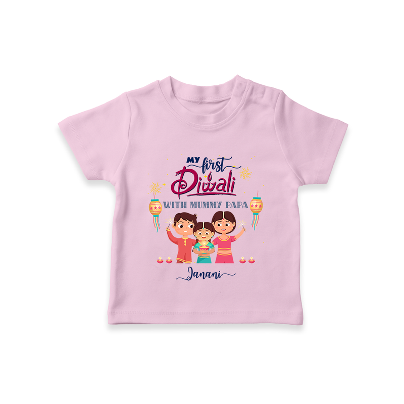 My First Diwali With Mummy Papa - Diwali Themed Customized Kids T-Shirt - PINK - 0-5 Months Old (Chest 17")