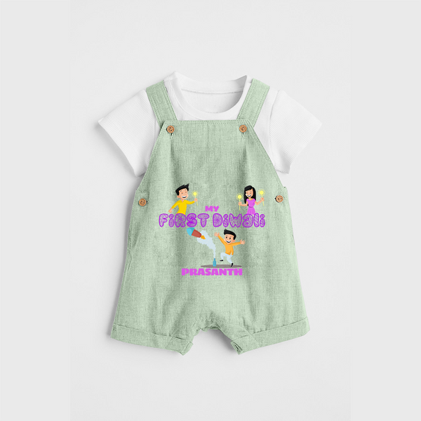 My First Diwali - Diwali Themed Customized Kids Dungaree Set - MINT GREEN - 0 - 5 Months Old (Chest 18")