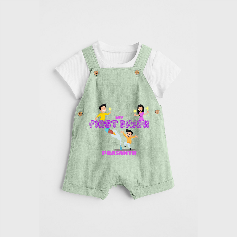 My First Diwali - Diwali Themed Customized Kids Dungaree Set - MINT GREEN - 0 - 5 Months Old (Chest 18")