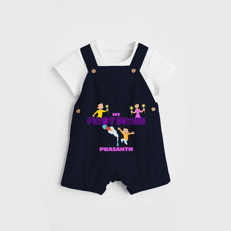 My First Diwali - Diwali Themed Customized Kids Dungaree Set - NAVY BLUE - 0 - 5 Months Old (Chest 18")