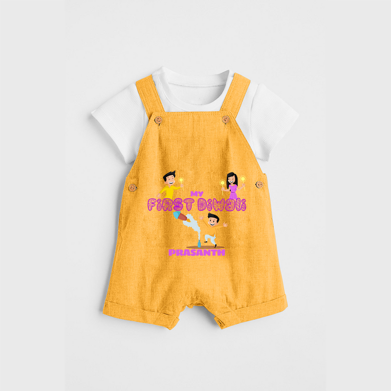 My First Diwali - Diwali Themed Customized Kids Dungaree Set - PASTEL YELLOW - 0 - 5 Months Old (Chest 18")