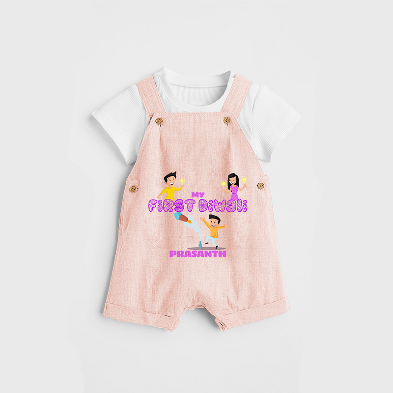 My First Diwali - Diwali Themed Customized Kids Dungaree Set - PEACH - 0 - 5 Months Old (Chest 18")