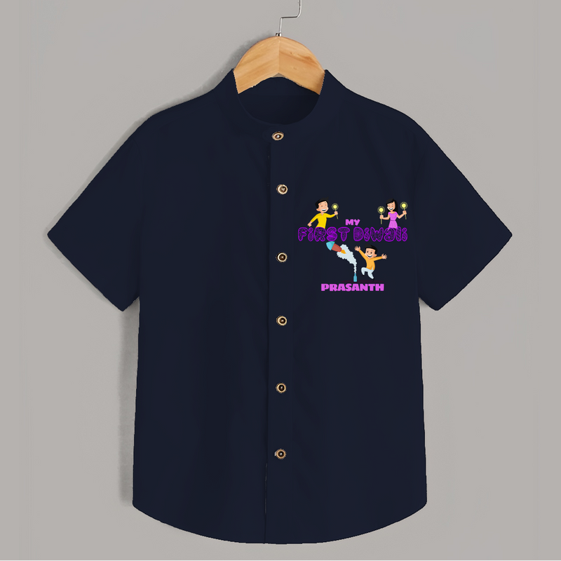 My First Diwali - Diwali Themed Customized Kids Shirt - NAVY BLUE - 0 - 6 Months Old (Chest 23")