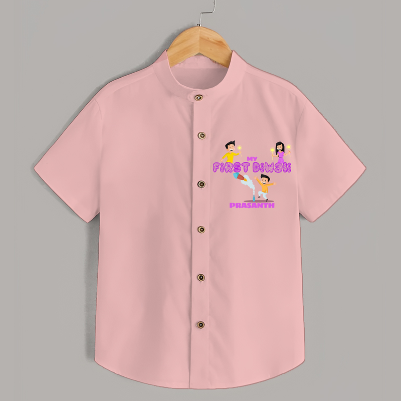 My First Diwali - Diwali Themed Customized Kids Shirt - PEACH - 0 - 6 Months Old (Chest 23")