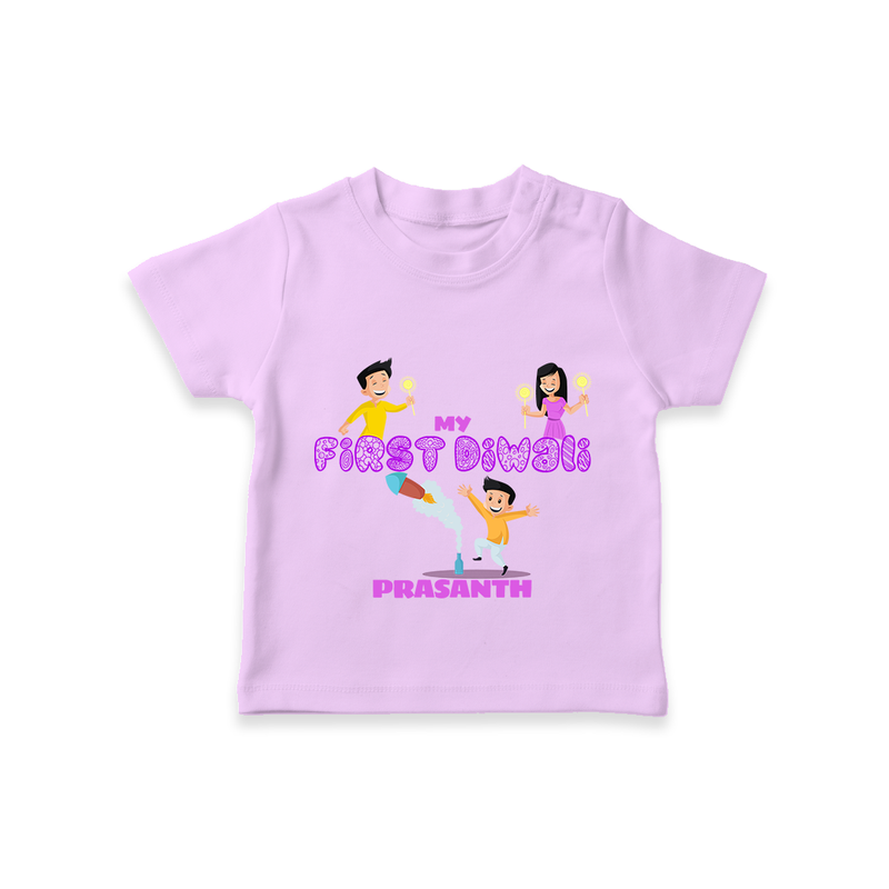 My First Diwali - Diwali Themed Customized Kids T-Shirt - LILAC - 0-5 Months Old (Chest 17")