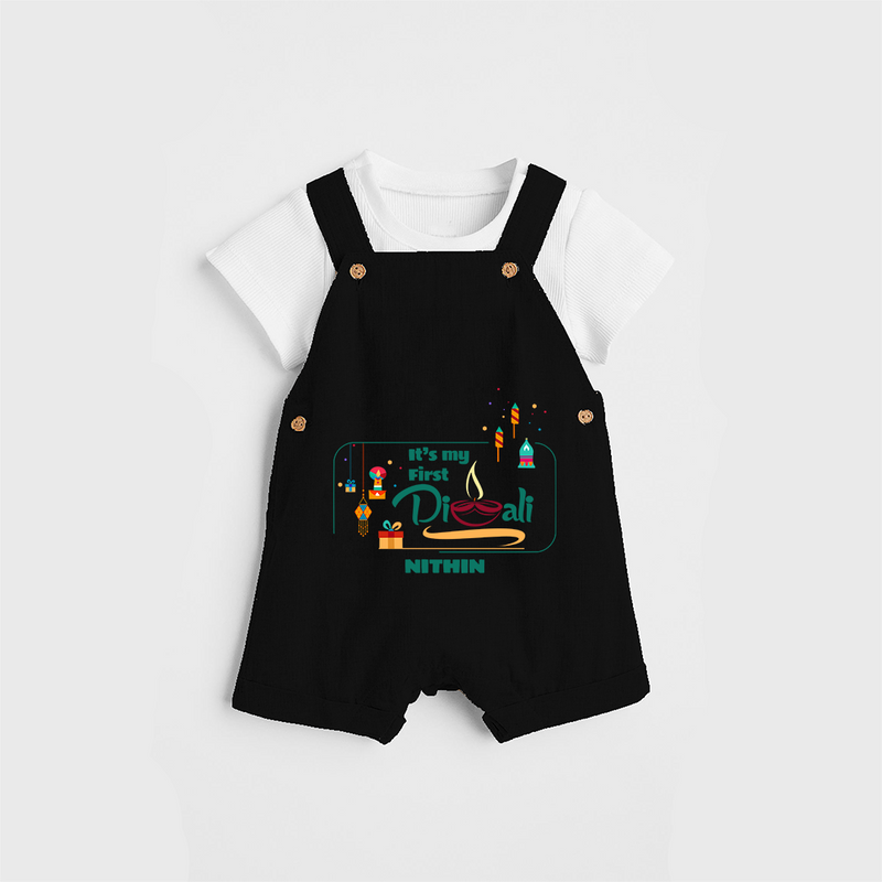 It's My First Diwali - Customized Kids Dungaree Set - BLACK - 0 - 5 Months Old (Chest 18")