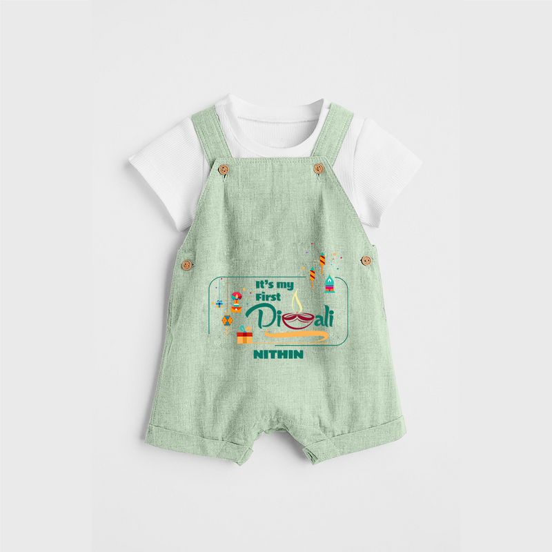 It's My First Diwali - Customized Kids Dungaree Set - MINT GREEN - 0 - 5 Months Old (Chest 18")