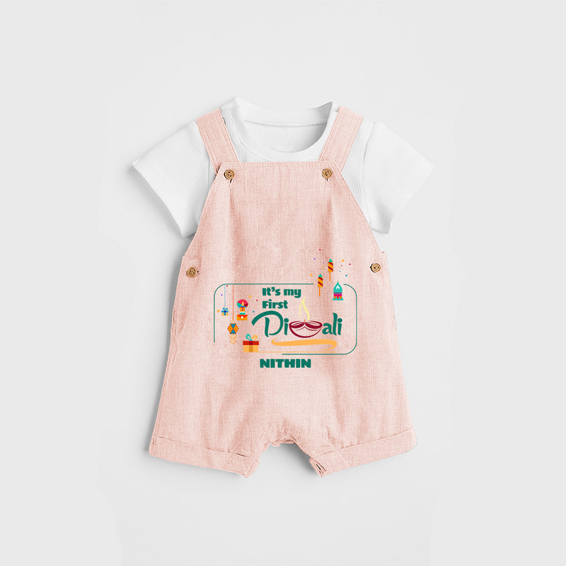 It's My First Diwali - Customized Kids Dungaree Set - PEACH - 0 - 5 Months Old (Chest 18")