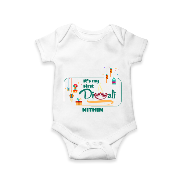 It's My First Diwali - Customized Kids Romper - WHITE - 0 - 3 Months Old (Chest 16")