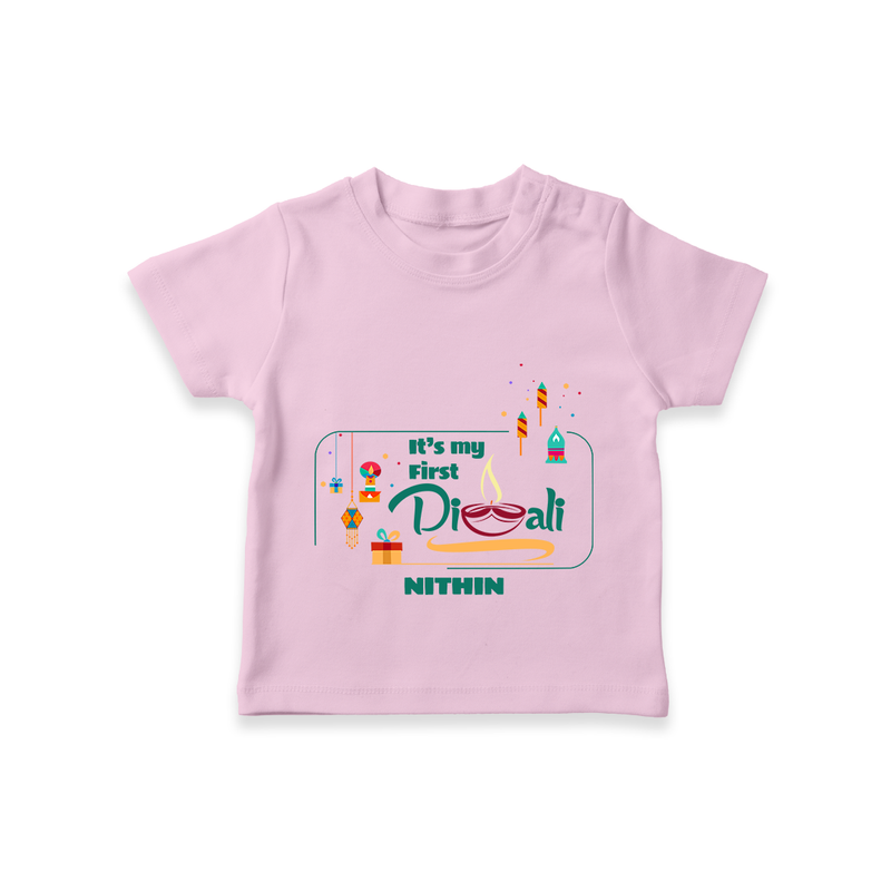 It's My First Diwali - Customized Kids T-Shirt - PINK - 0-5 Months Old (Chest 17")