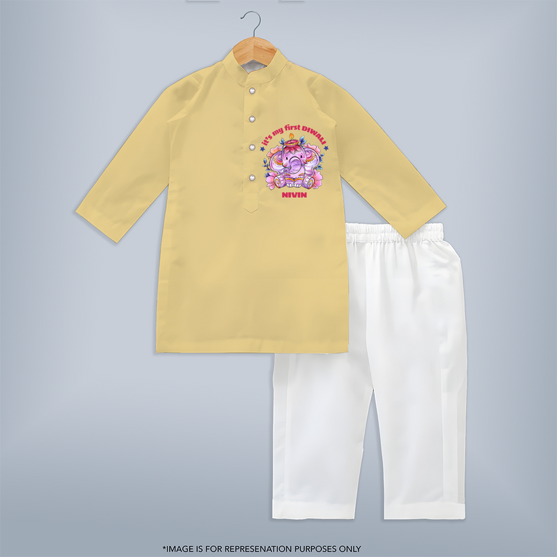 It's My First Diwali, Diwali Celebration - Customized Kids Kurta Set - YELLOW - 3-6 Month Old (Chest 24", Kurta Length 14'', Waist 19", Pant Length 14")