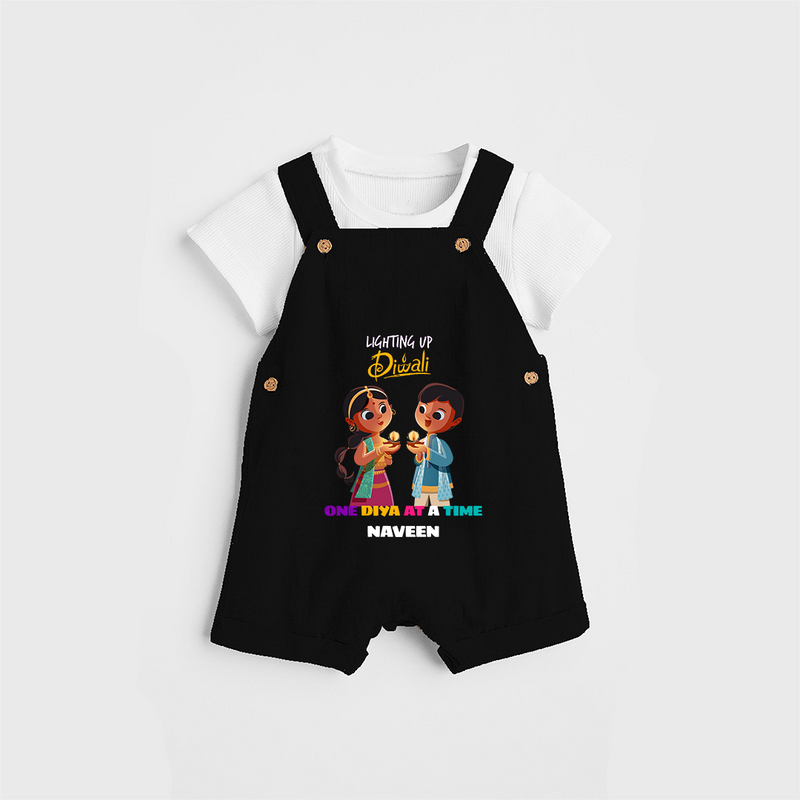 Lighting Up Diwali - Customized Kids Dungaree Set - BLACK - 0 - 5 Months Old (Chest 18")