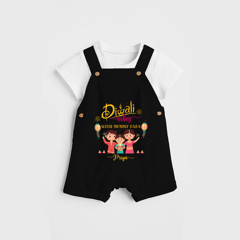 Diwali Vibes With Mummy Papa - Diwali Themed Customized Kids Dungaree Set - BLACK - 0 - 5 Months Old (Chest 18")