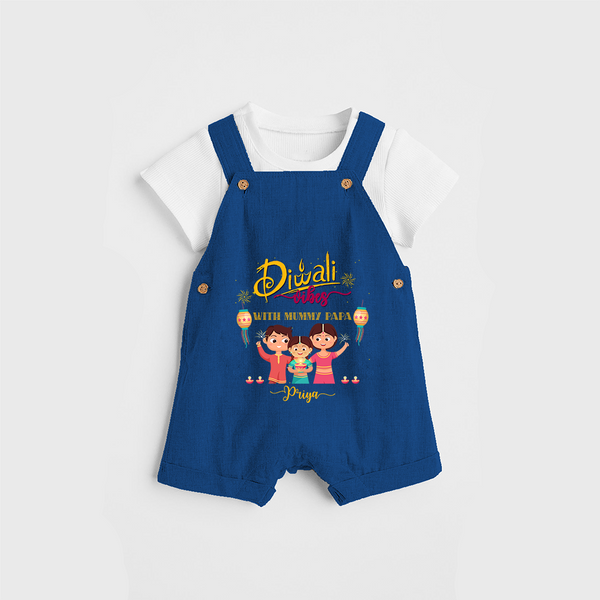 Diwali Vibes With Mummy Papa - Diwali Themed Customized Kids Dungaree Set - COBALT BLUE - 0 - 5 Months Old (Chest 18")