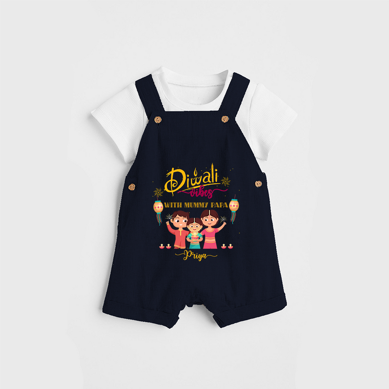 Diwali Vibes With Mummy Papa - Diwali Themed Customized Kids Dungaree Set - NAVY BLUE - 0 - 5 Months Old (Chest 18")