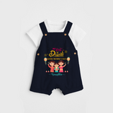 My First Diwali With Mummy Papa - Diwali Themed Customized Dungaree Set - NAVY BLUE - 0 - 5 Months Old (Chest 18")