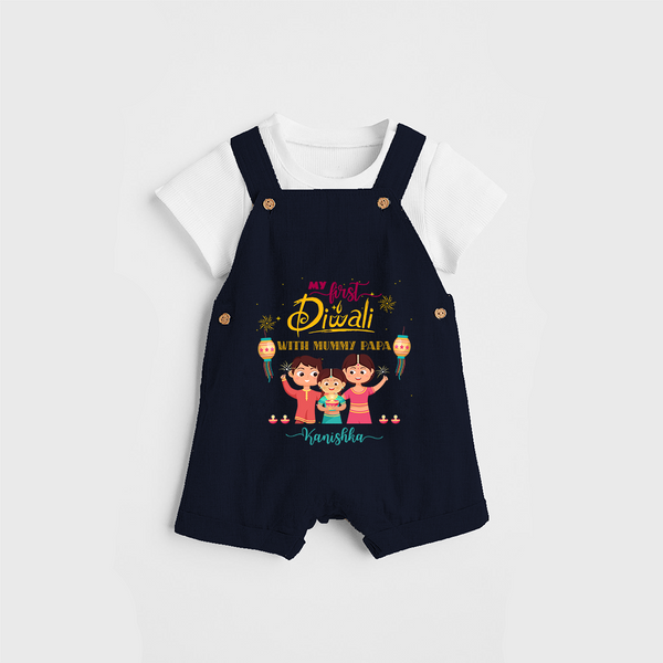 My First Diwali With Mummy Papa - Diwali Themed Customized Dungaree Set - NAVY BLUE - 0 - 5 Months Old (Chest 18")