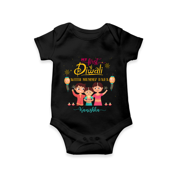 My First Diwali With Mummy Papa - Diwali Themed Customized Romper - BLACK - 0 - 3 Months Old (Chest 16")