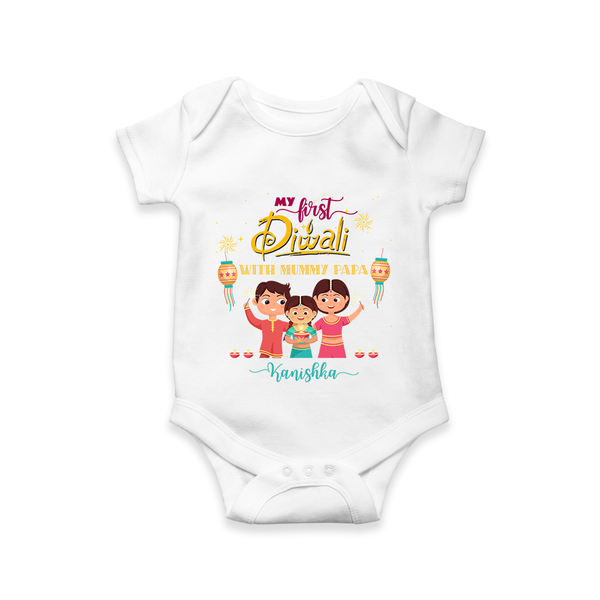 My First Diwali With Mummy Papa - Diwali Themed Customized Romper - WHITE - 0 - 3 Months Old (Chest 16")