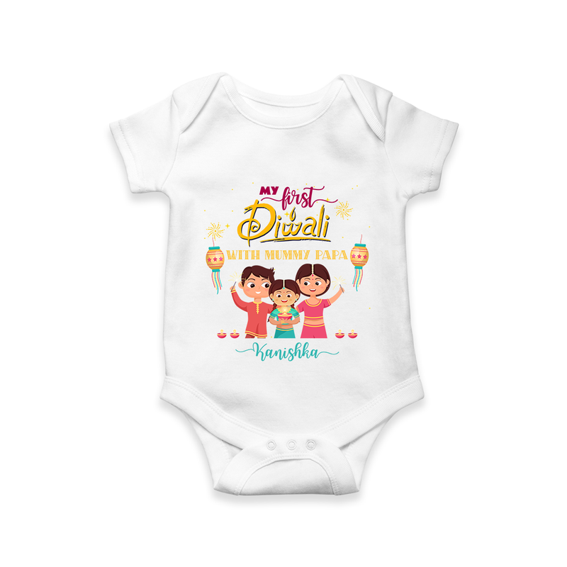 My First Diwali With Mummy Papa - Diwali Themed Customized Romper - WHITE - 0 - 3 Months Old (Chest 16")