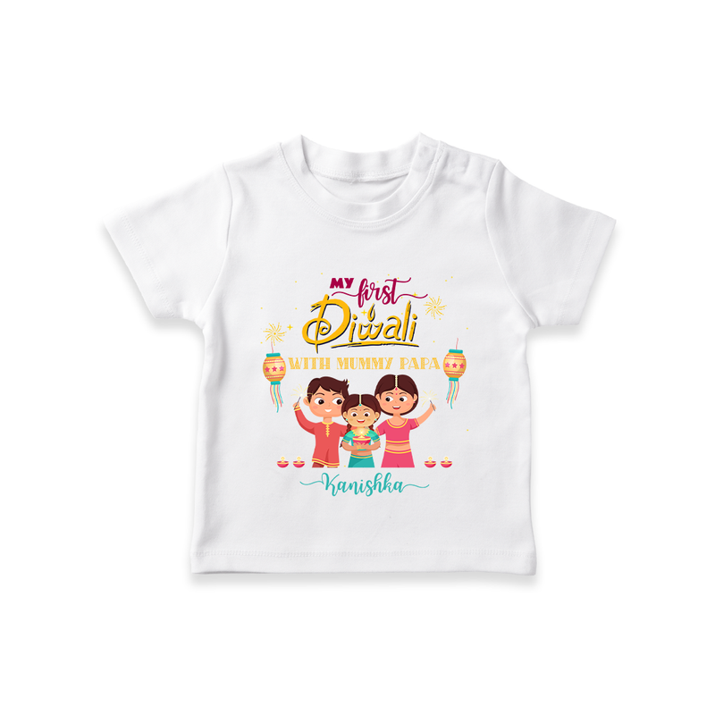 My First Diwali With Mummy Papa - Diwali Themed Customized T-Shirt - WHITE - 0-5 Months Old (Chest 17")