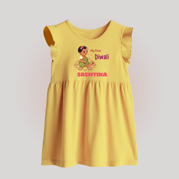 Happy Diwali | Little Light of the Celebration Baby Frock - PASTEL YELLOW - 0 - 3 Months Old (Chest 17")