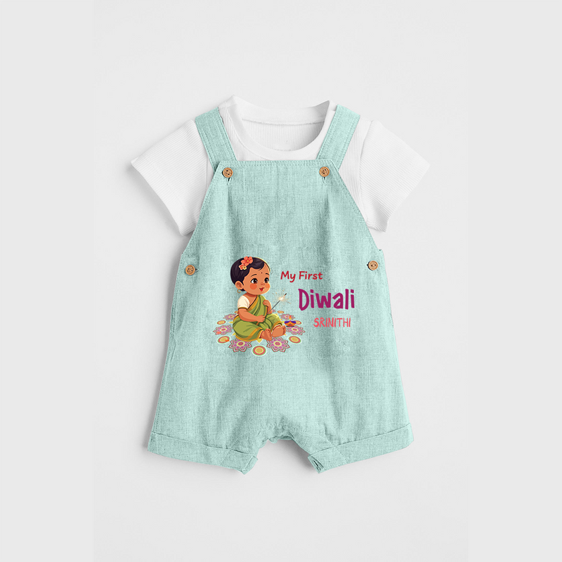 Lets Celebrate This Diwali With My First Diwali Customized Dungaree Set For Kids - ARCTIC BLUE - 0 - 5 Months Old (Chest 18")