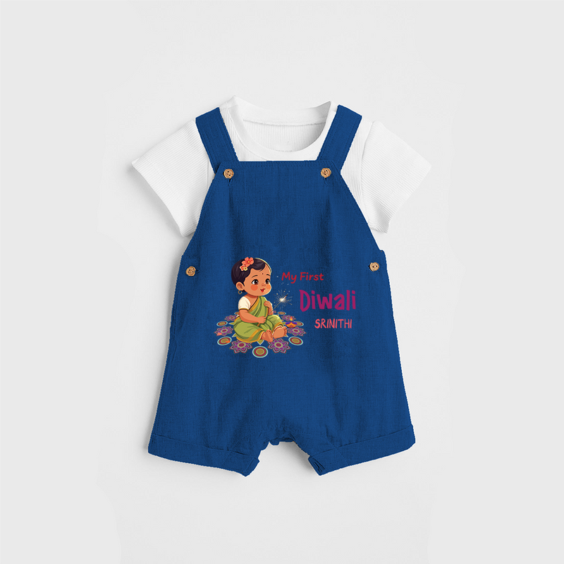 Lets Celebrate This Diwali With My First Diwali Customized Dungaree Set For Kids - COBALT BLUE - 0 - 5 Months Old (Chest 18")